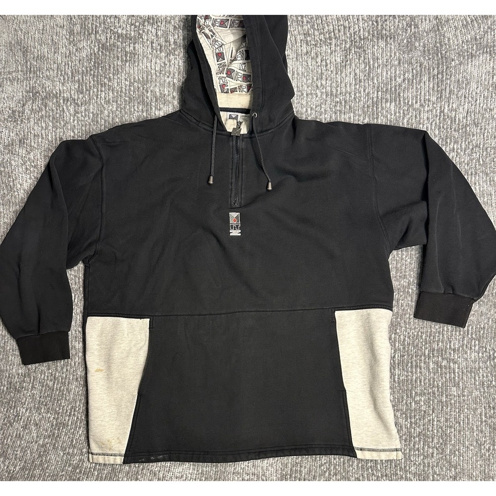 Vintage IT Quarter Zip Hoodie XXL Black Gray Y2K Streetwear Made Hong Kong